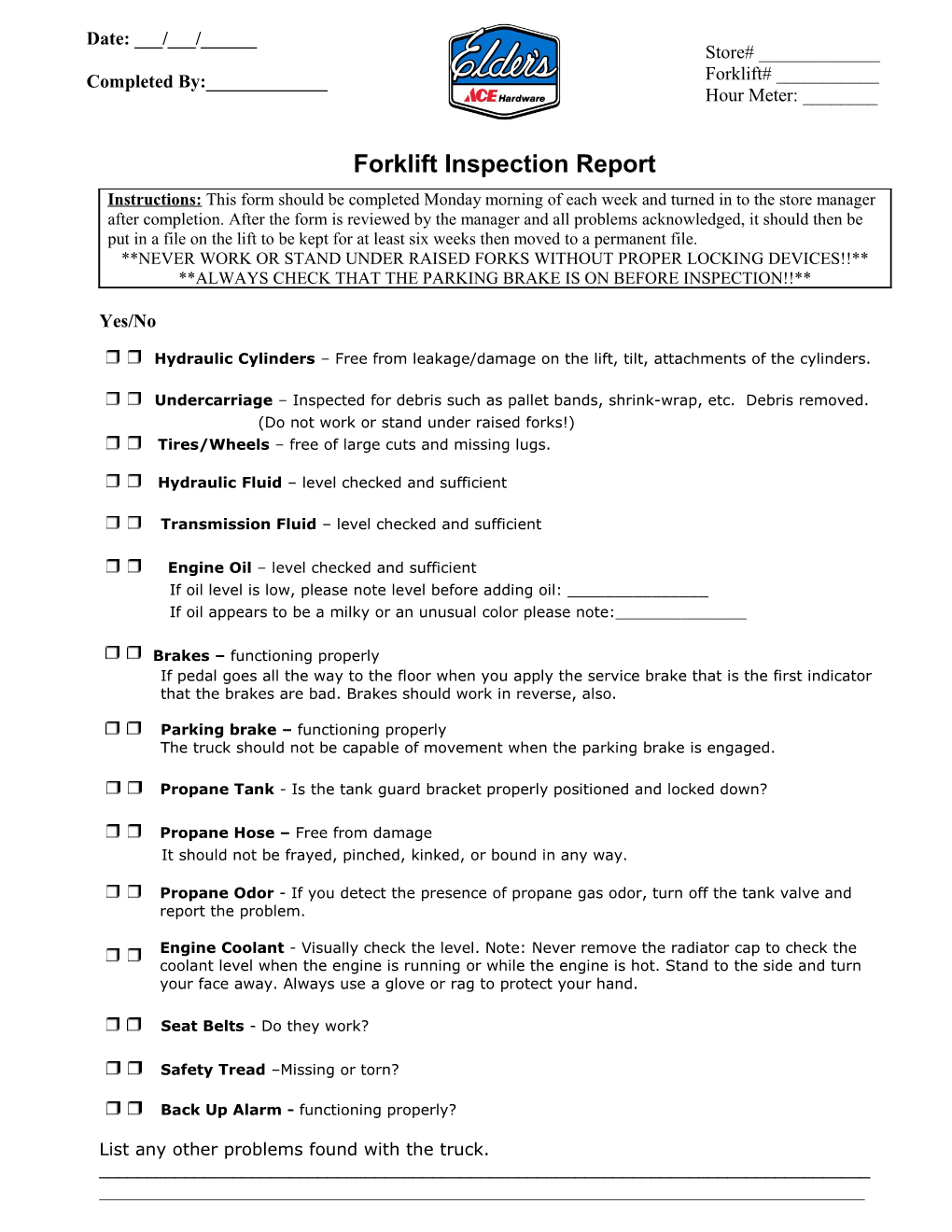 Forklift Inspection Report