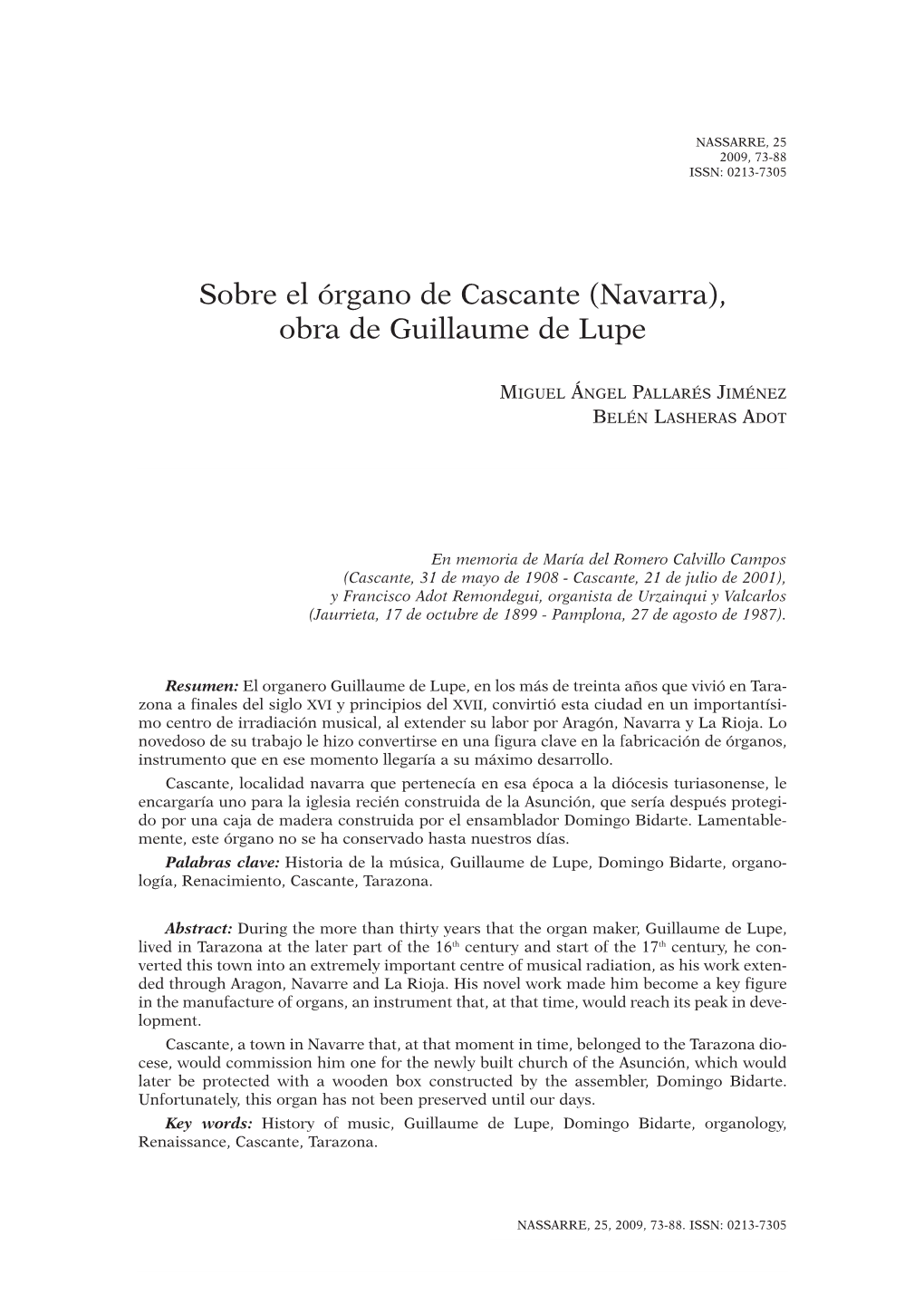 Sobre El Órgano De Cascante (Navarra), Obra De Guillaume De Lupe