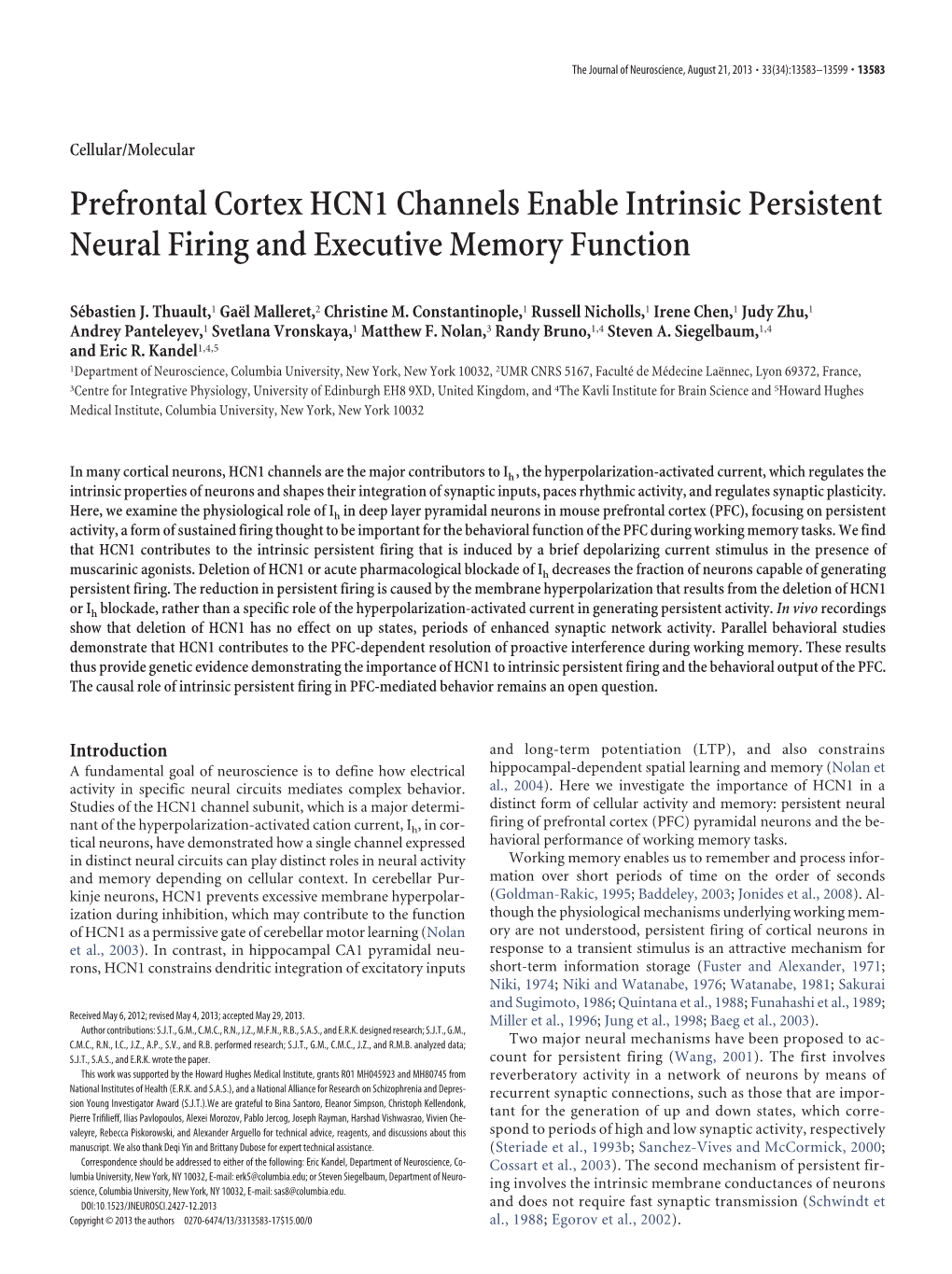 Prefrontal Cortex HCN1 Channels Enable Intrinsic Persistent Neural Firing and Executive Memory Function