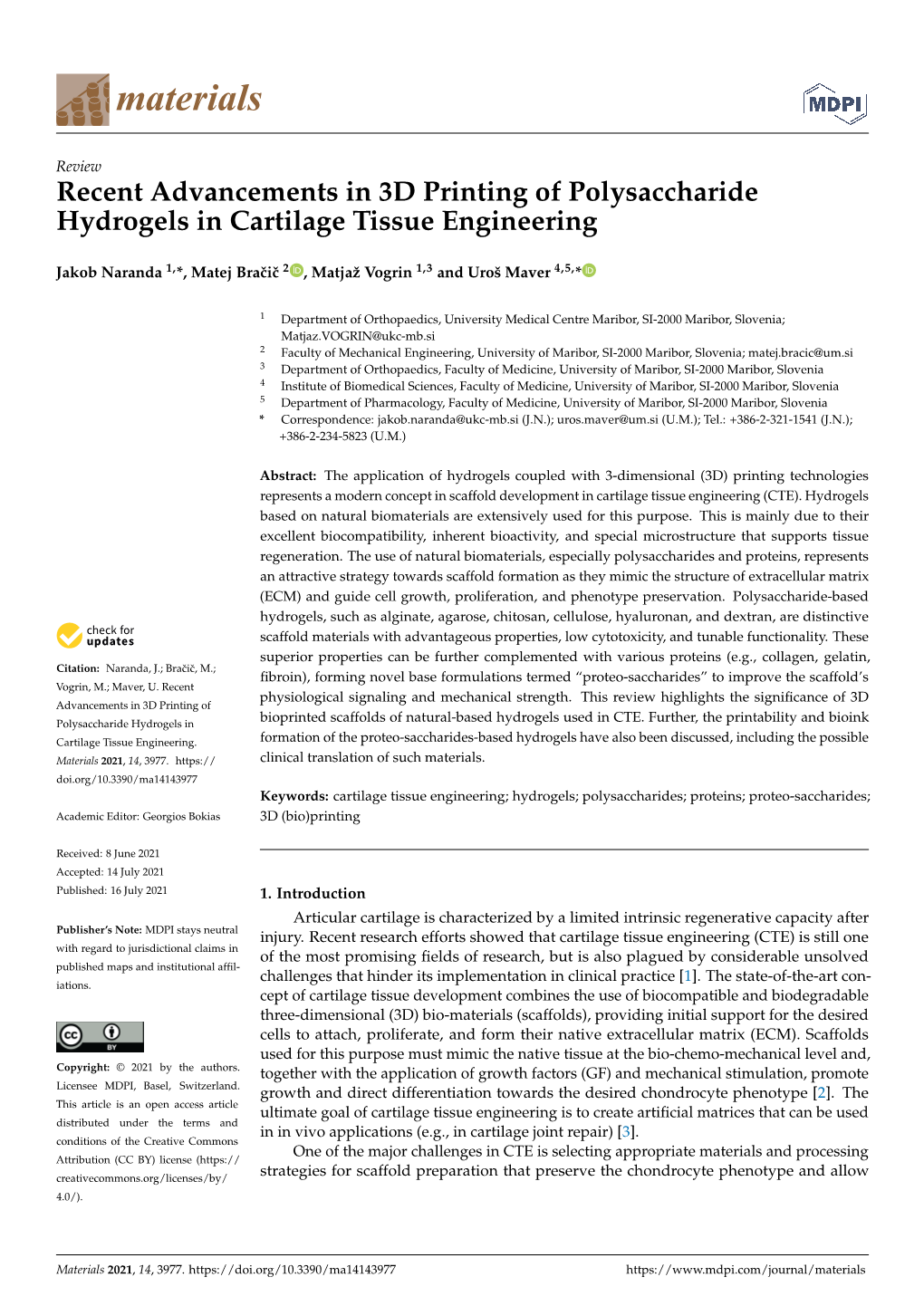 Recent Advancements in 3D Printing of Polysaccharide Hydrogels in Cartilage Tissue Engineering