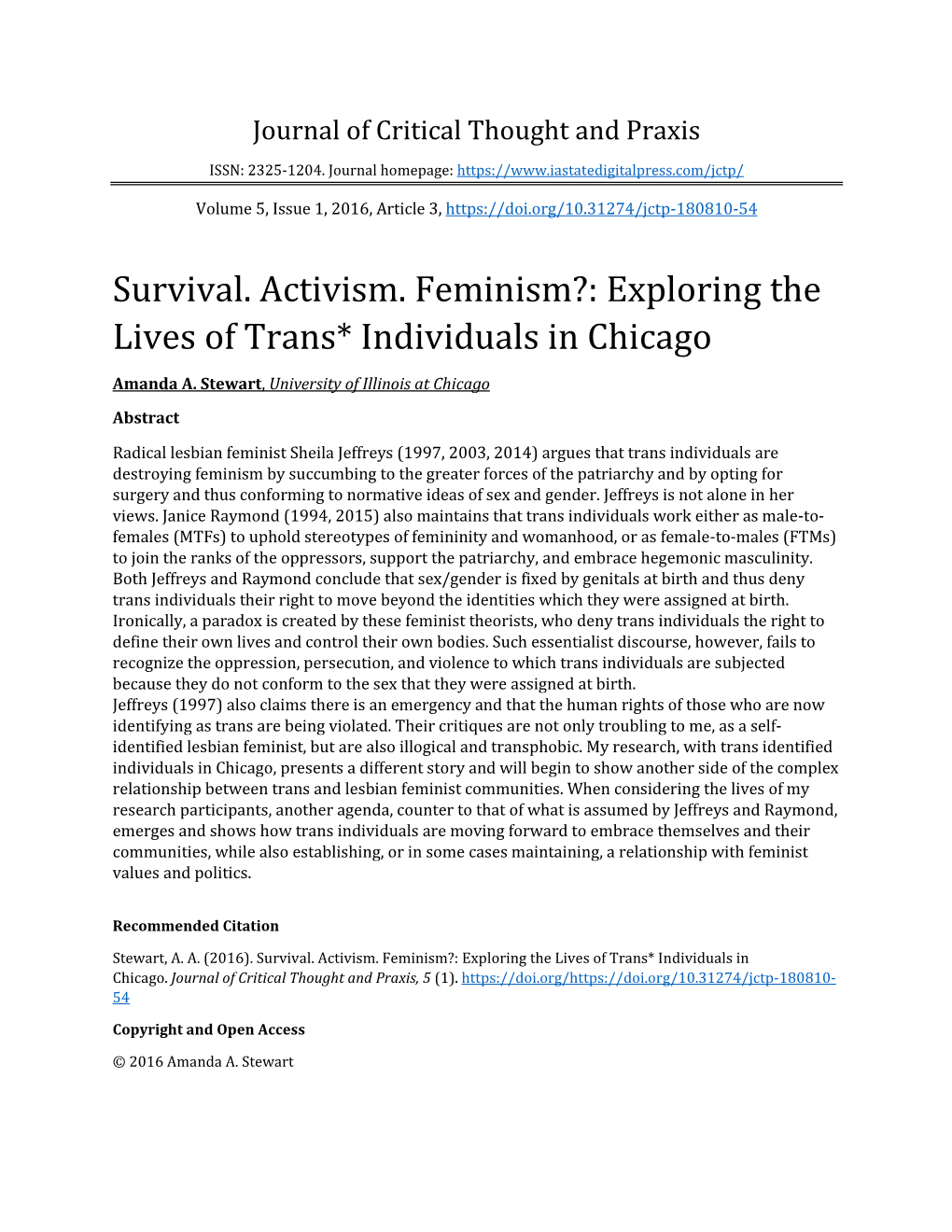 Survival. Activism. Feminism?: Exploring the Lives of Trans* Individuals in Chicago