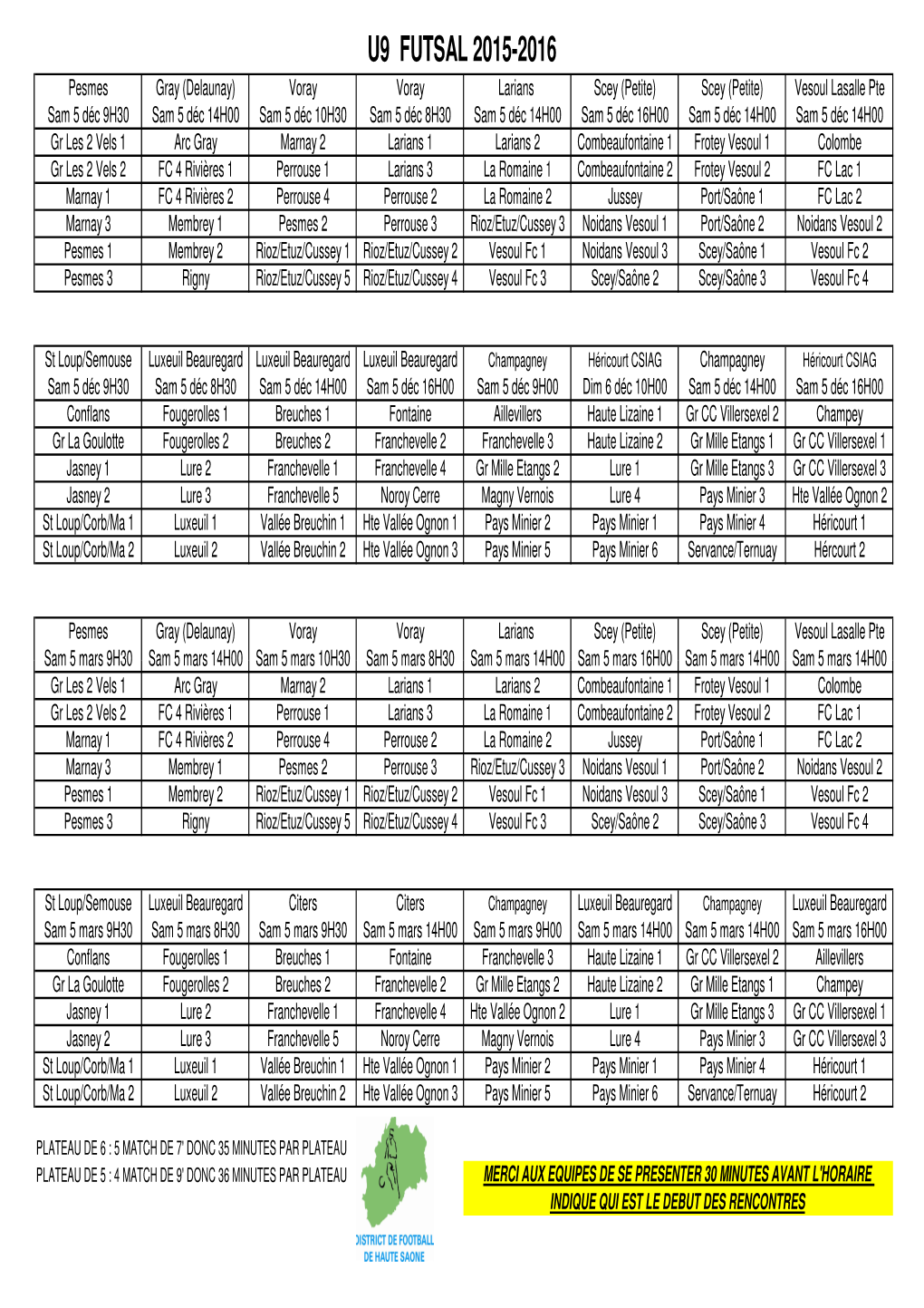 Tableau Organisation Futsal U9 Saison 2015-2016