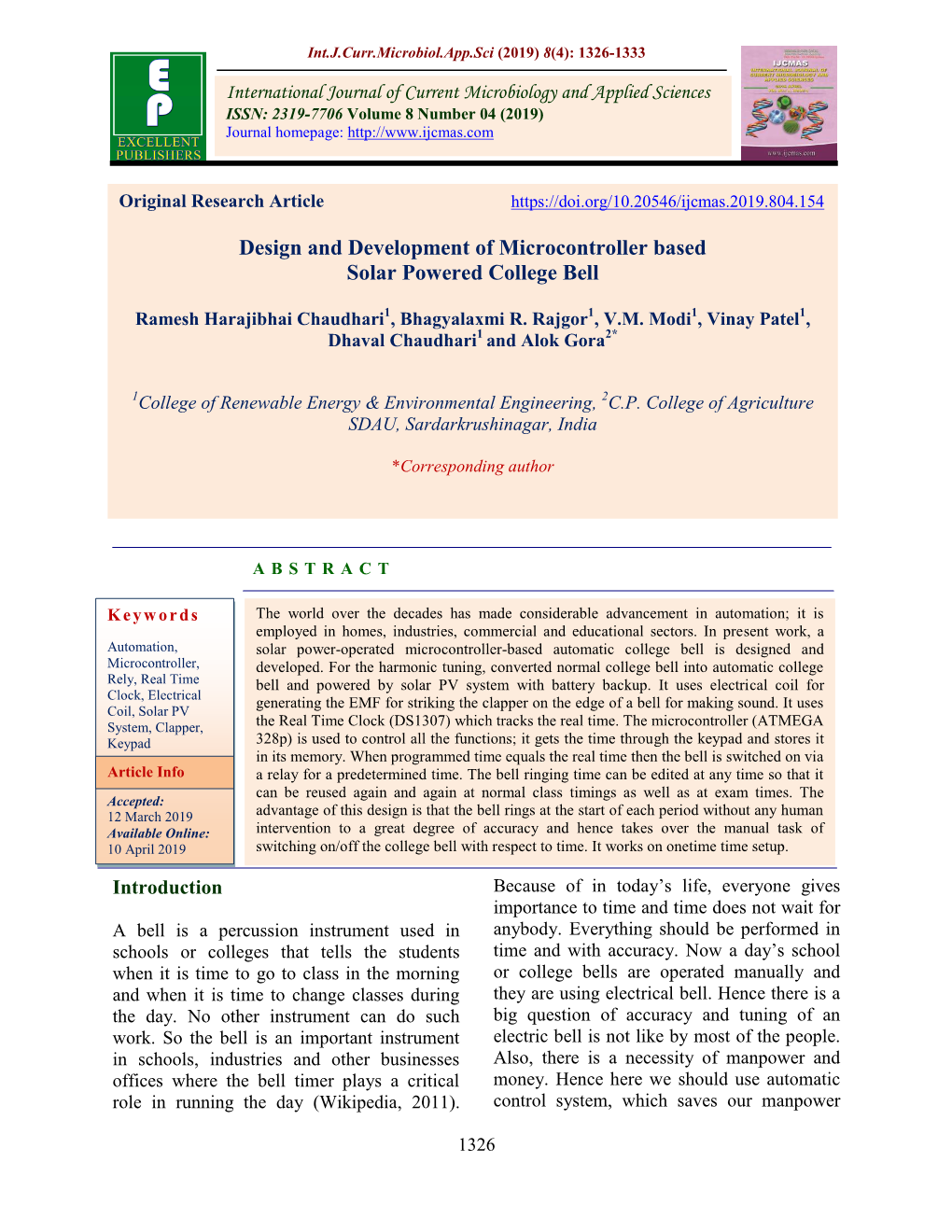 Design and Development of Microcontroller Based Solar Powered College Bell