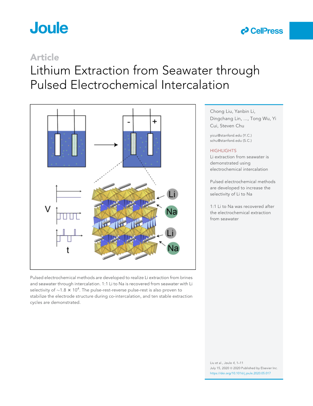 Lithium Extraction from Seawater Through Pulsed Electrochemical Intercalation