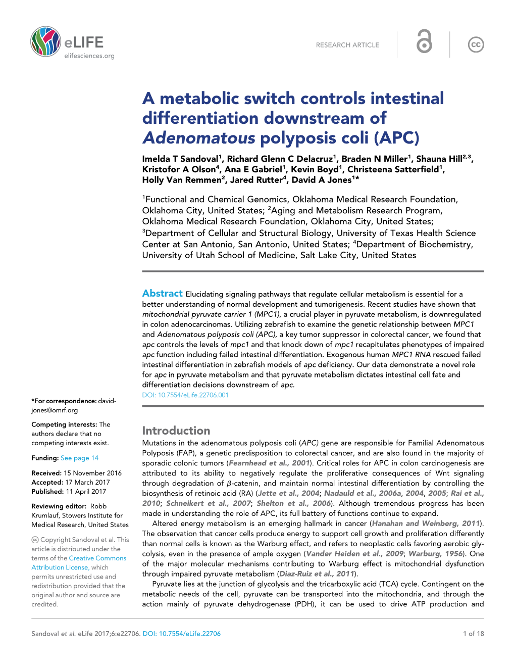 A Metabolic Switch Controls Intestinal Differentiation Downstream Of