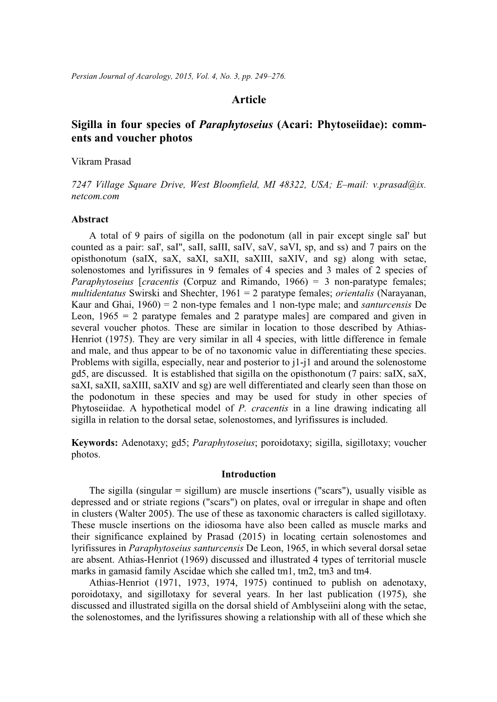 Article Sigilla in Four Species of Paraphytoseius (Acari