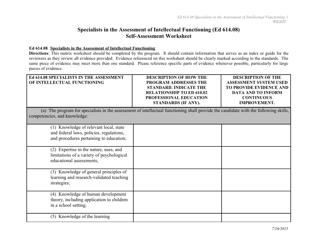 Specialists in the Assessment of Intellectual Functioning (Ed 614.08)