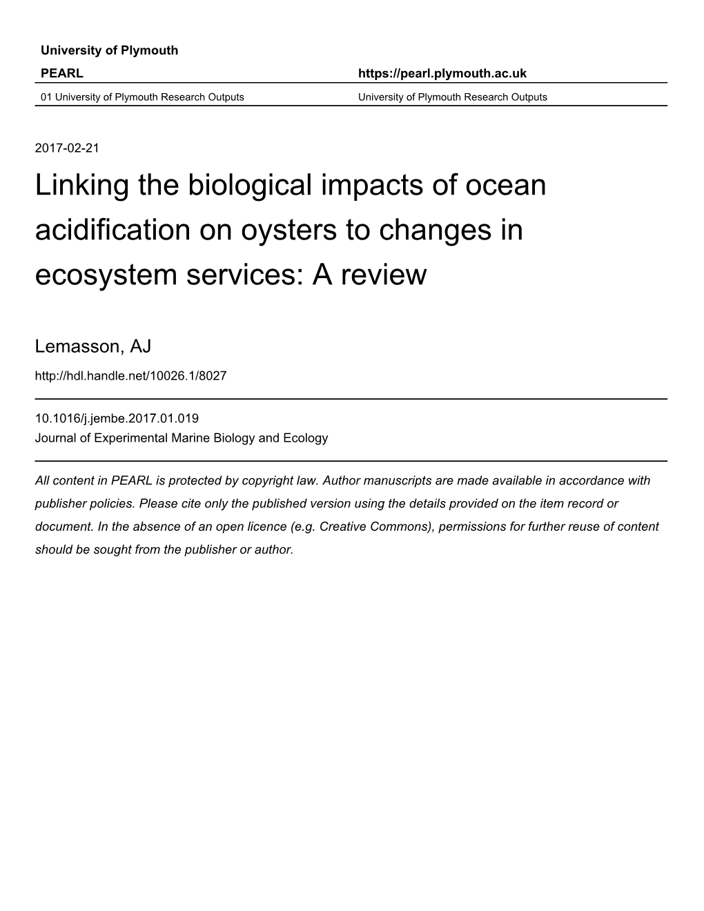 Linking the Biological Impacts of Ocean Acidification on Oysters to Changes in Ecosystem Services: a Review