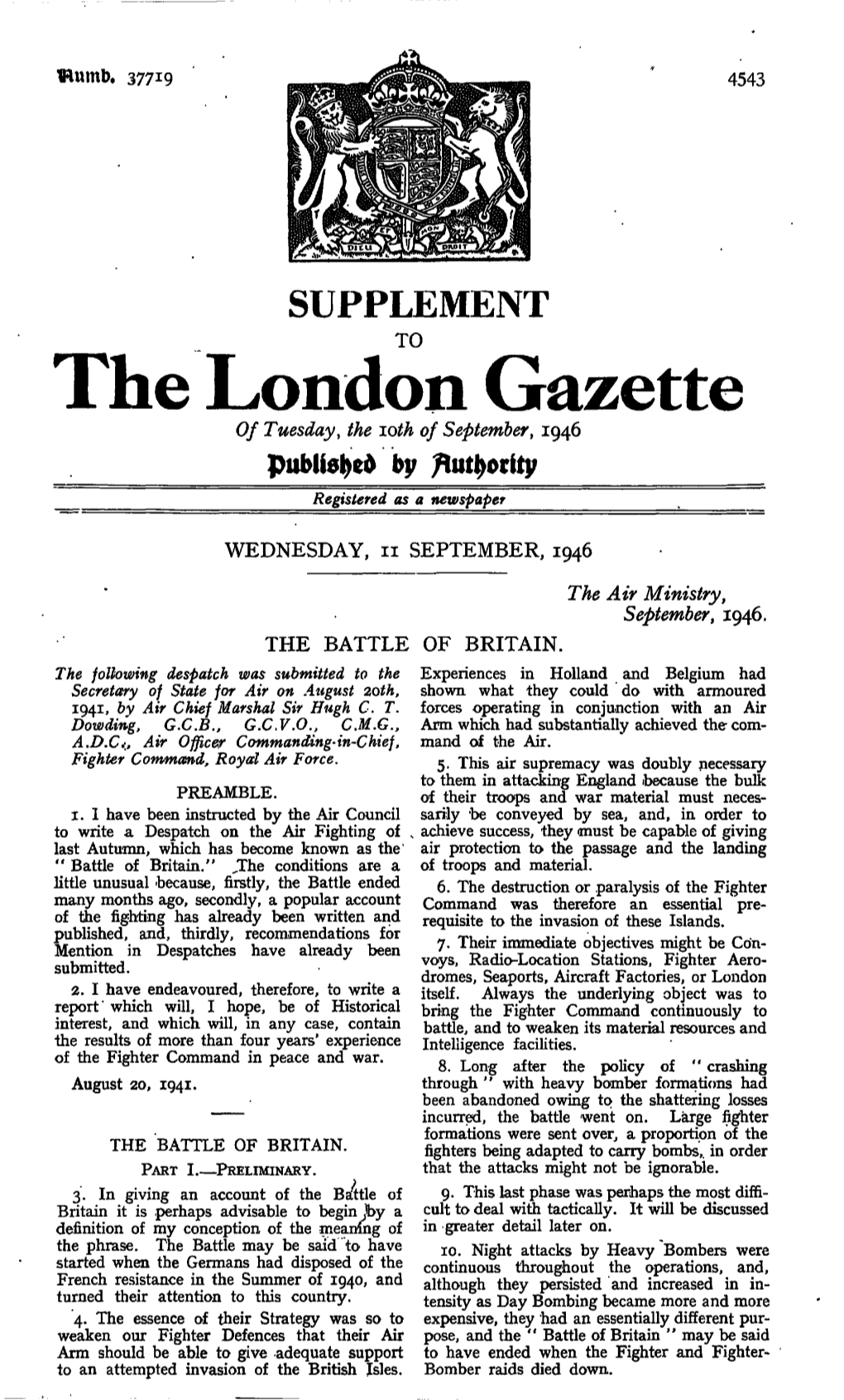 The London Gazette of Tuesday, the Loth of September, 1946 by Registered As a Newspaper