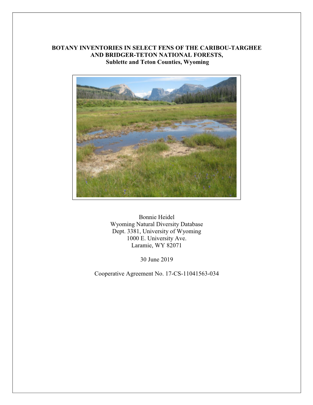 BOTANY INVENTORIES in SELECT FENS of the CARIBOU-TARGHEE and BRIDGER-TETON NATIONAL FORESTS, Sublette and Teton Counties, Wyoming