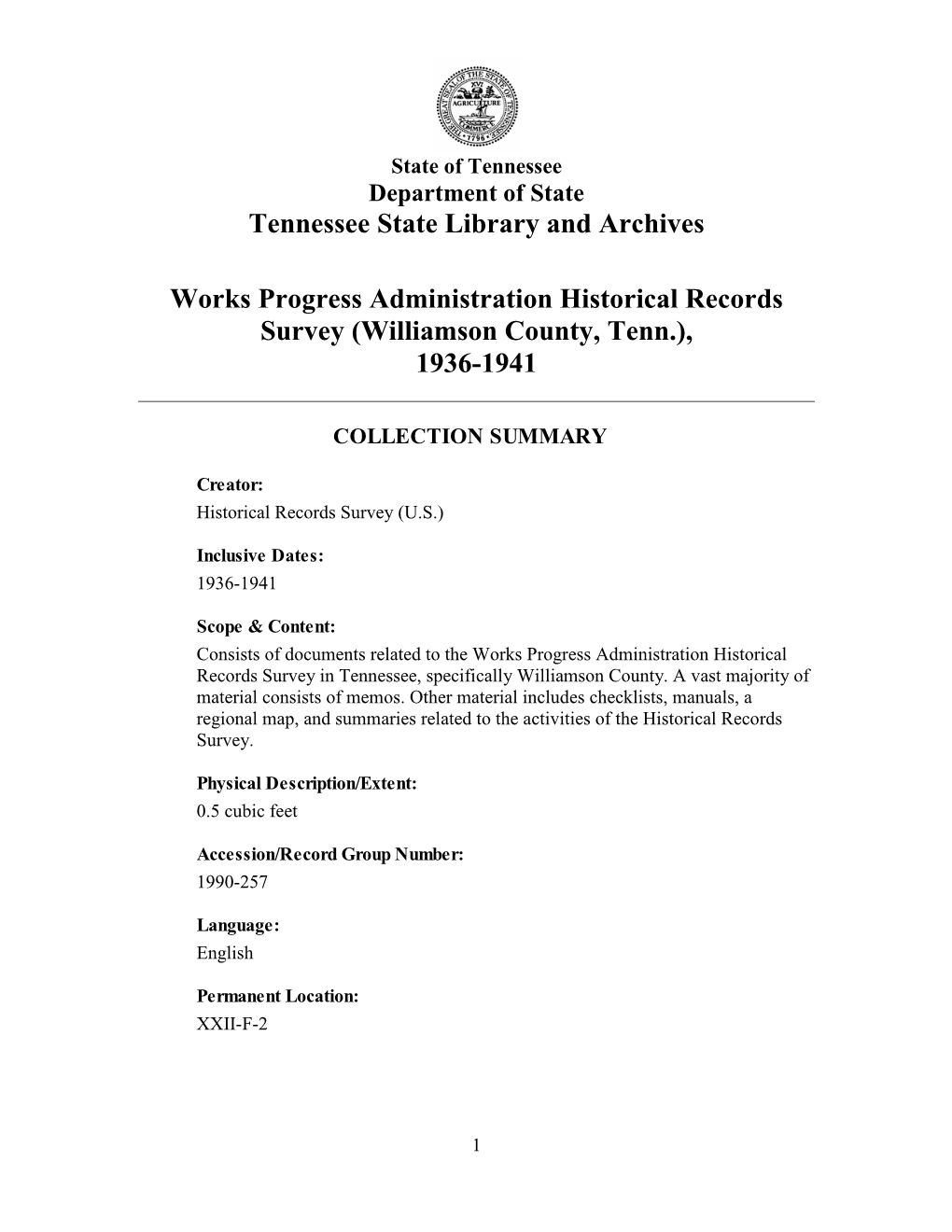 Tennessee State Library and Archives Works Progress Administration