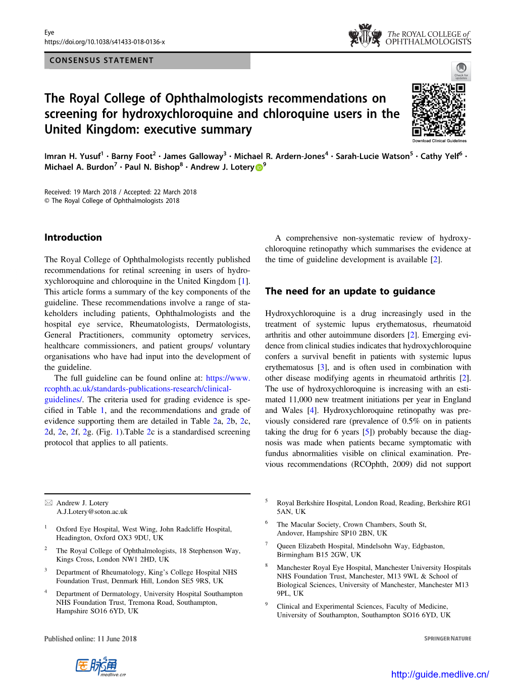 The Royal College of Ophthalmologists Recommendations on Screening for Hydroxychloroquine and Chloroquine Users in the United Kingdom: Executive Summary