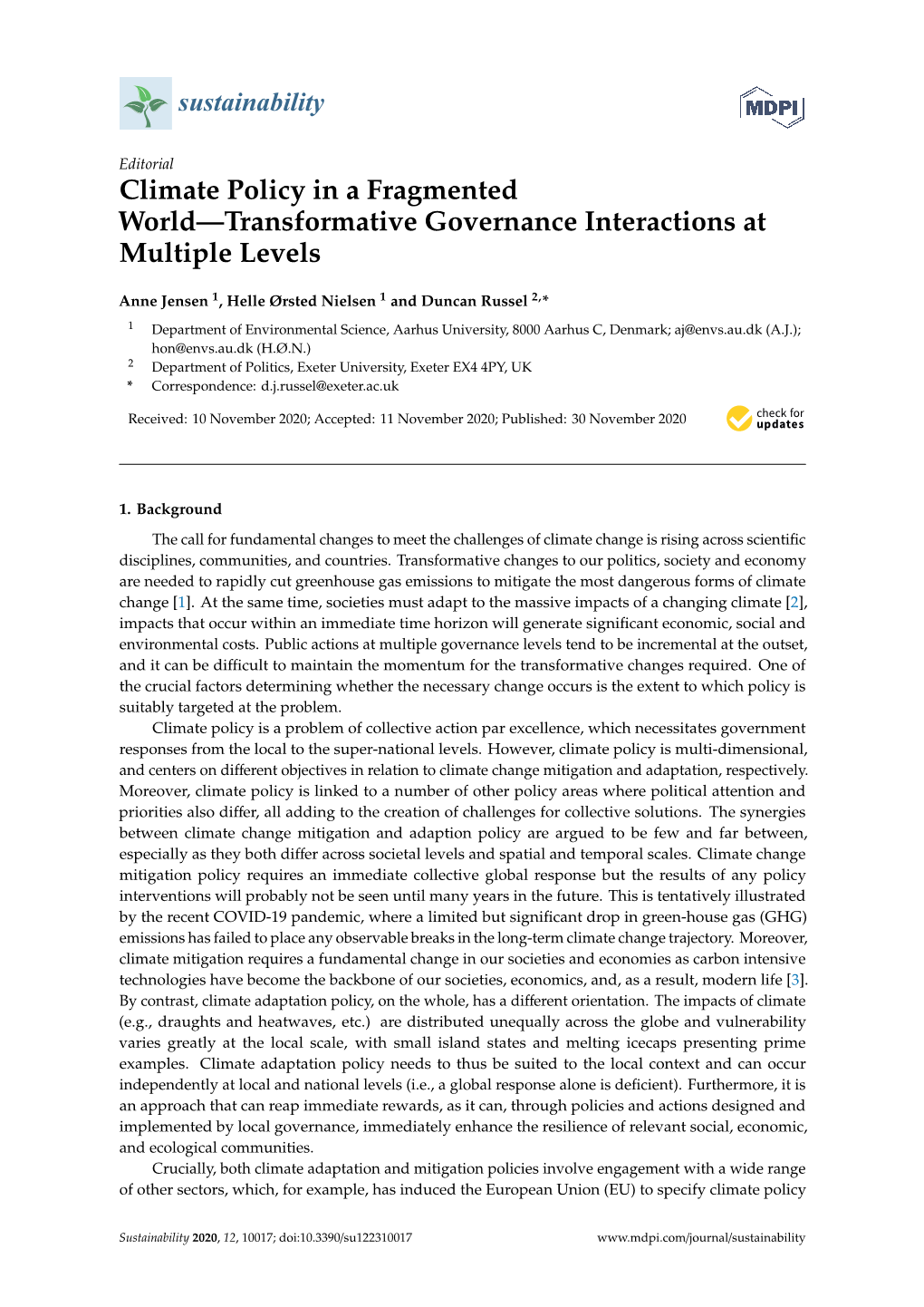 Climate Policy in a Fragmented World—Transformative Governance Interactions at Multiple Levels