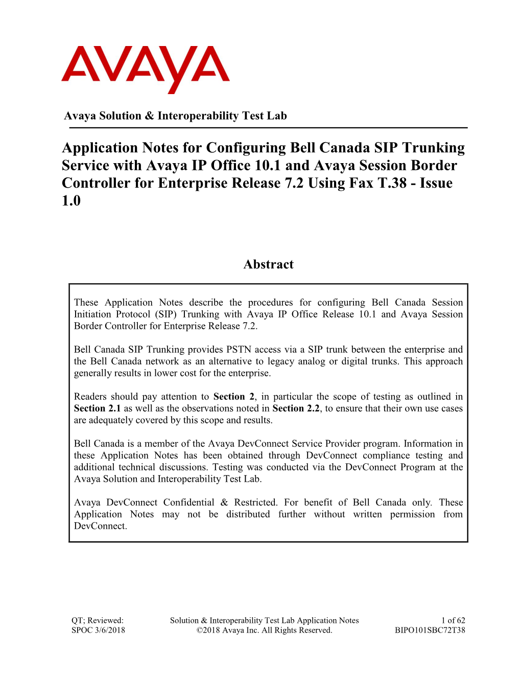 Application Notes for Configuring Bell Canada SIP Trunking Service With