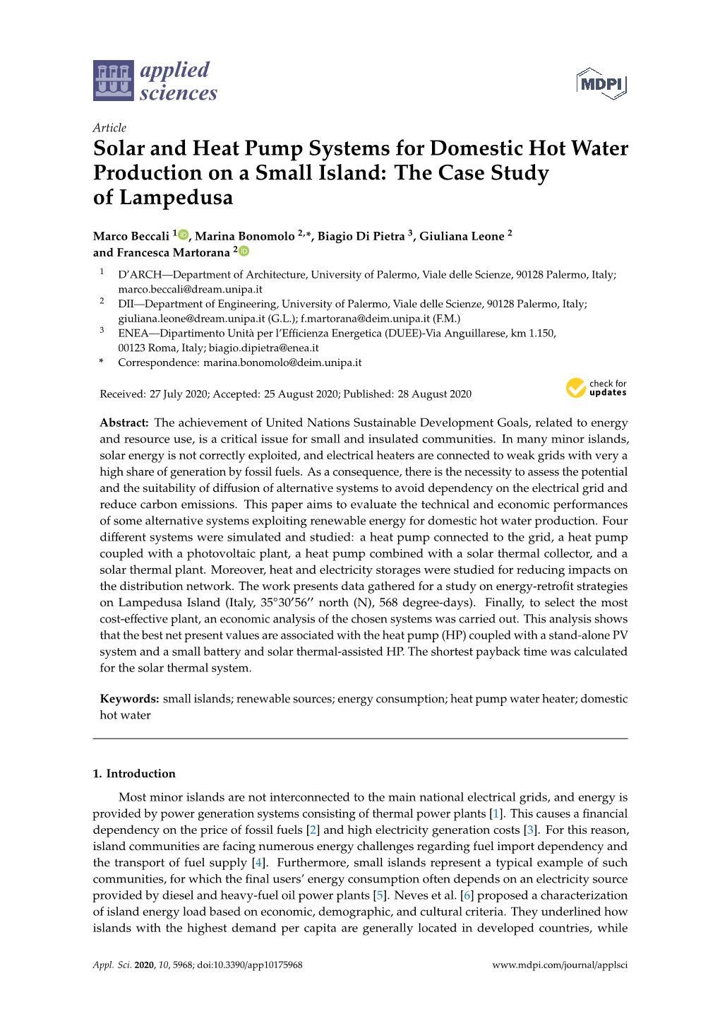 Solar and Heat Pump Systems for Domestic Hot Water Production on a Small Island: the Case Study of Lampedusa