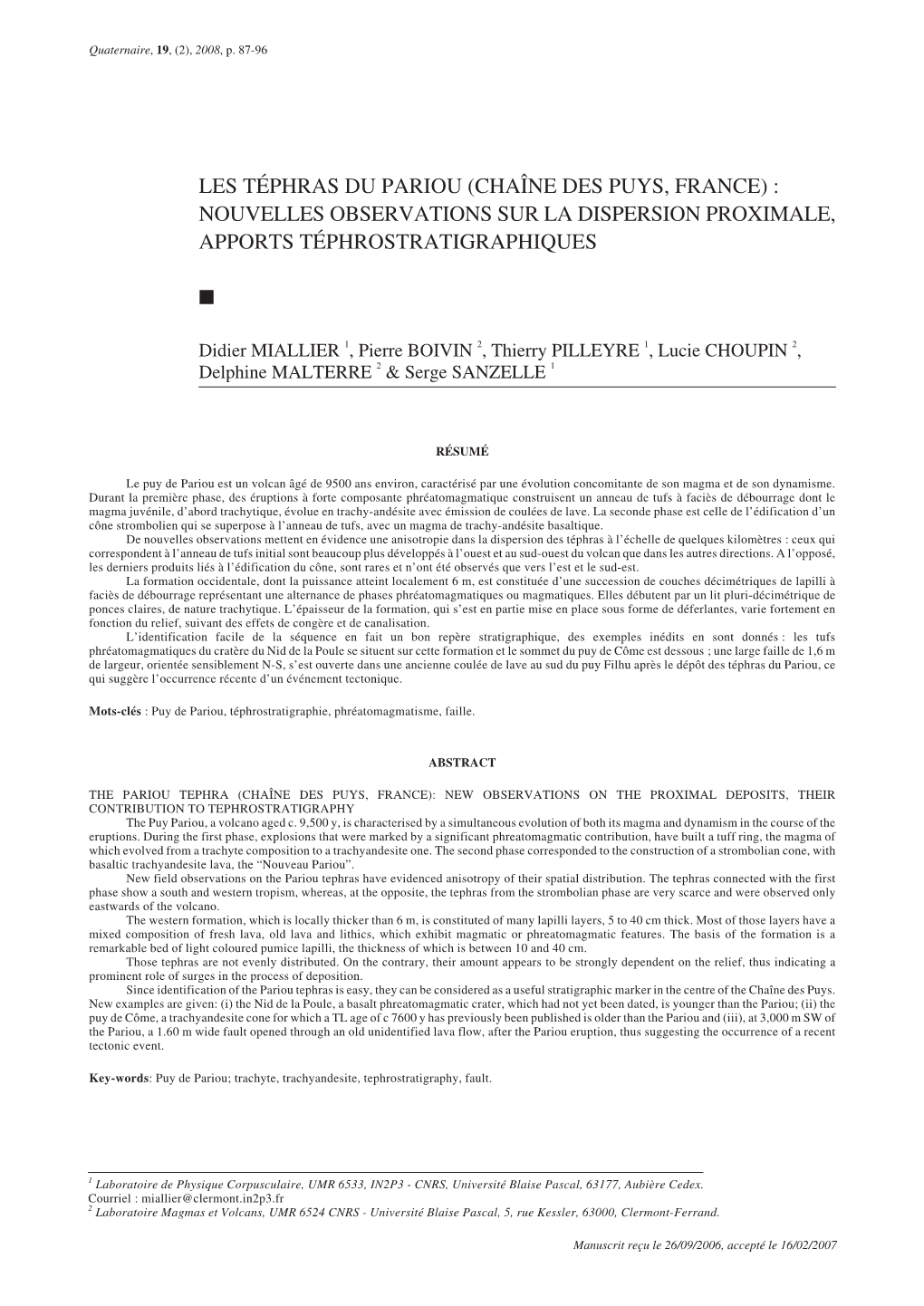 Les Téphras Du Pariou (Chaîne Des Puys, France) : Nouvelles Observations Sur La Dispersion Proximale, Apports Téphrostratigraphiques ⅲ