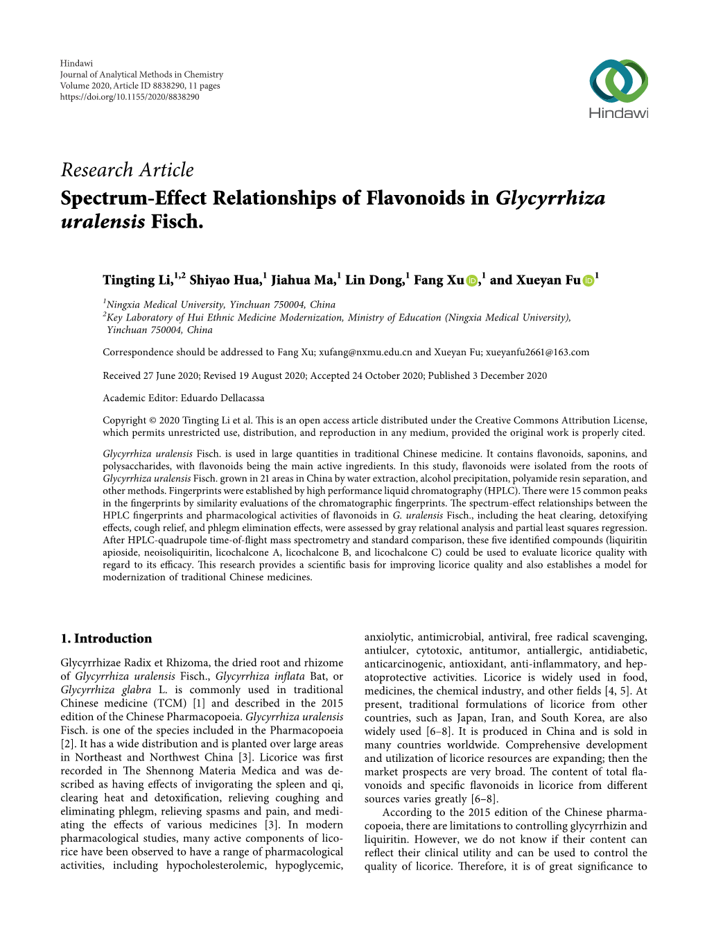Research Article Spectrum-Effect Relationships of Flavonoids in Glycyrrhiza Uralensis Fisch
