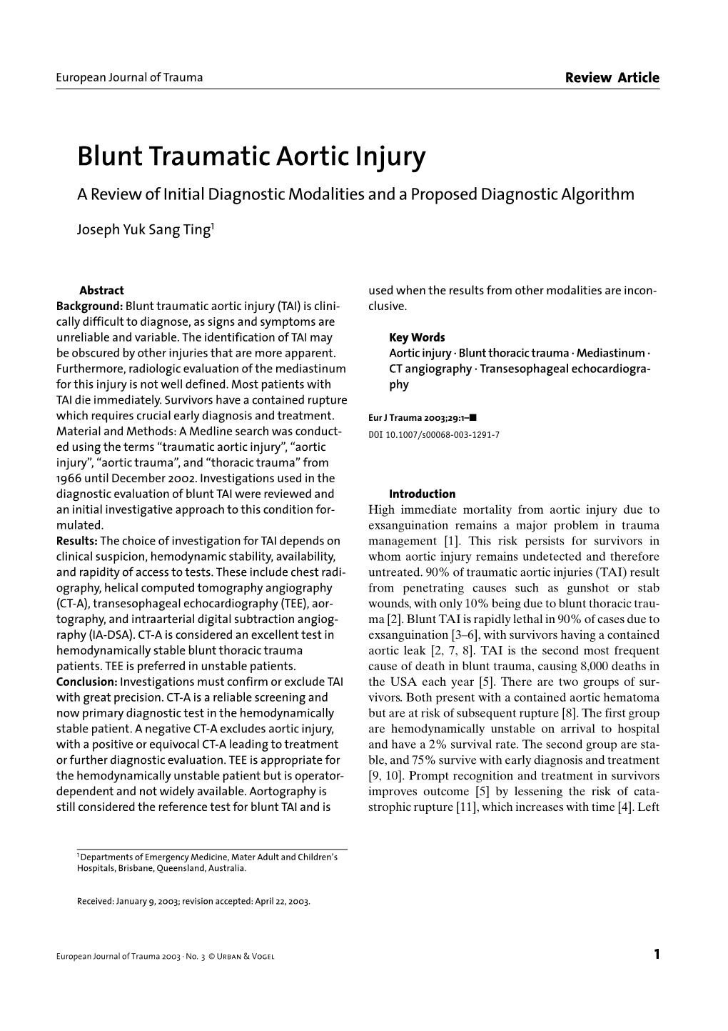 Blunt Traumatic Aortic Injury a Review of Initial Diagnostic Modalities and a Proposed Diagnostic Algorithm