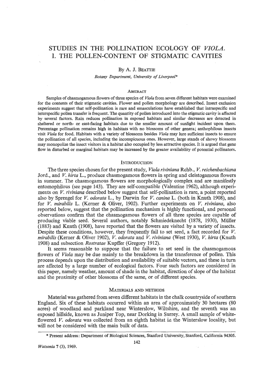 Studies in the Pollination Ecology of Viola. 1. the Pollen-Content of Stigmatic Cavities