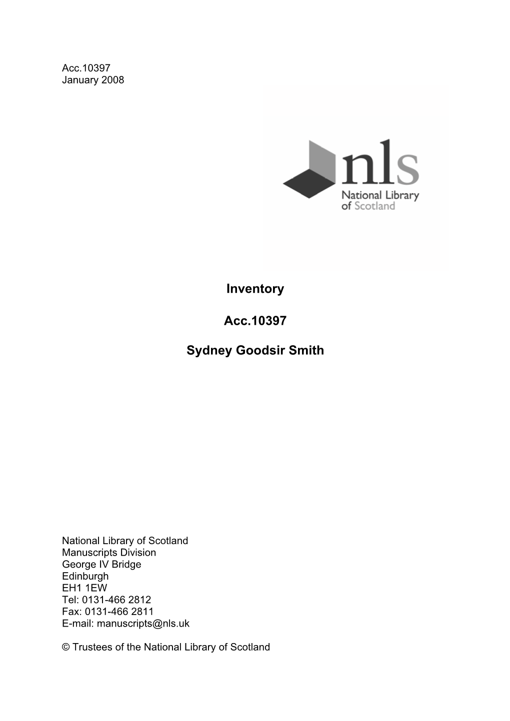 Inventory Acc.10397 Sydney Goodsir Smith