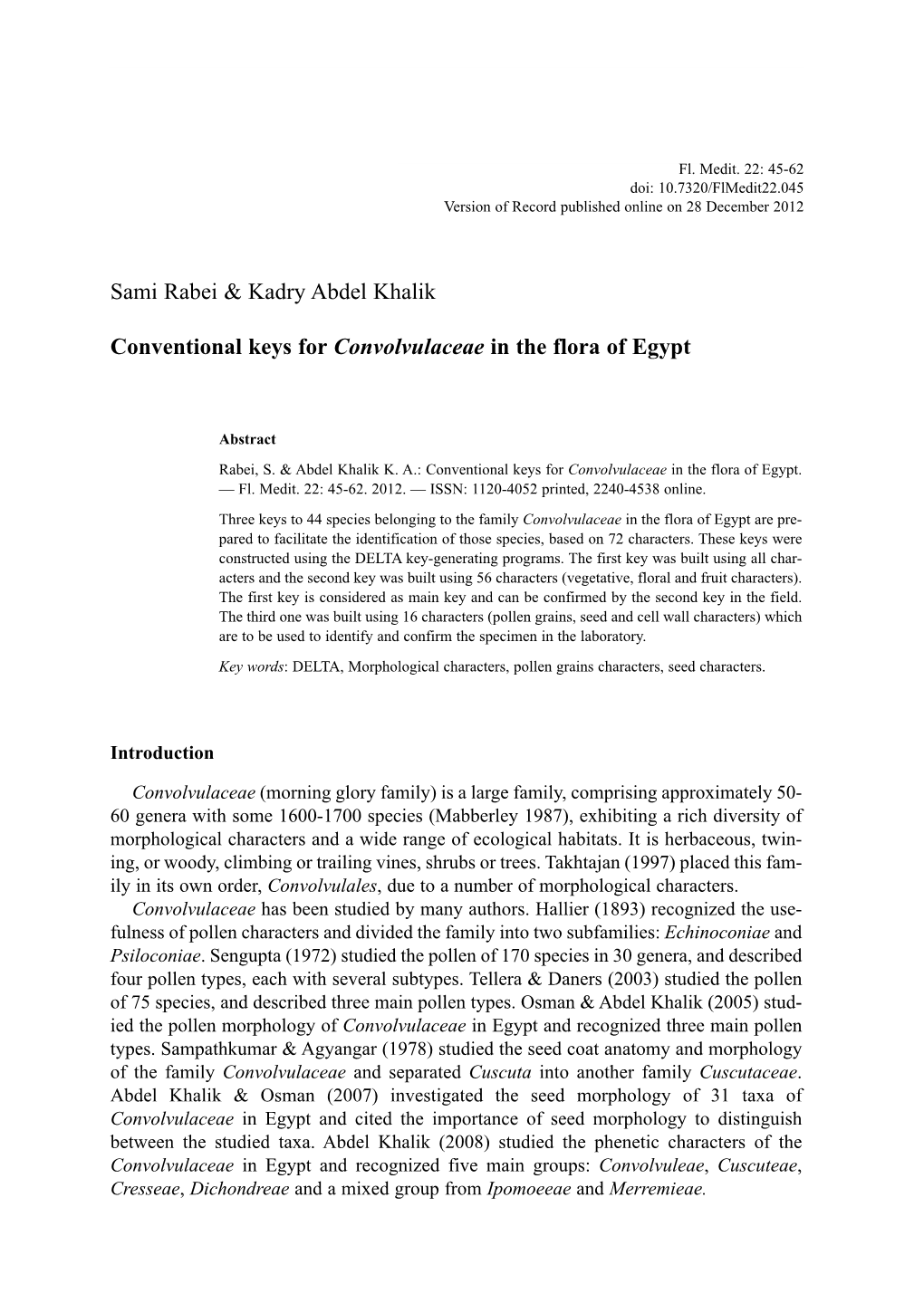 Sami Rabei & Kadry Abdel Khalik Conventional Keys for Convolvulaceae in the Flora of Egypt