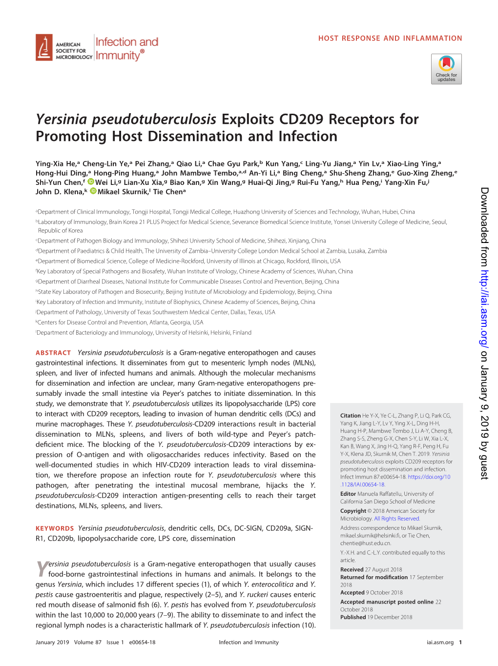 Yersinia Pseudotuberculosis Exploits CD209 Receptors for Promoting Host Dissemination and Infection