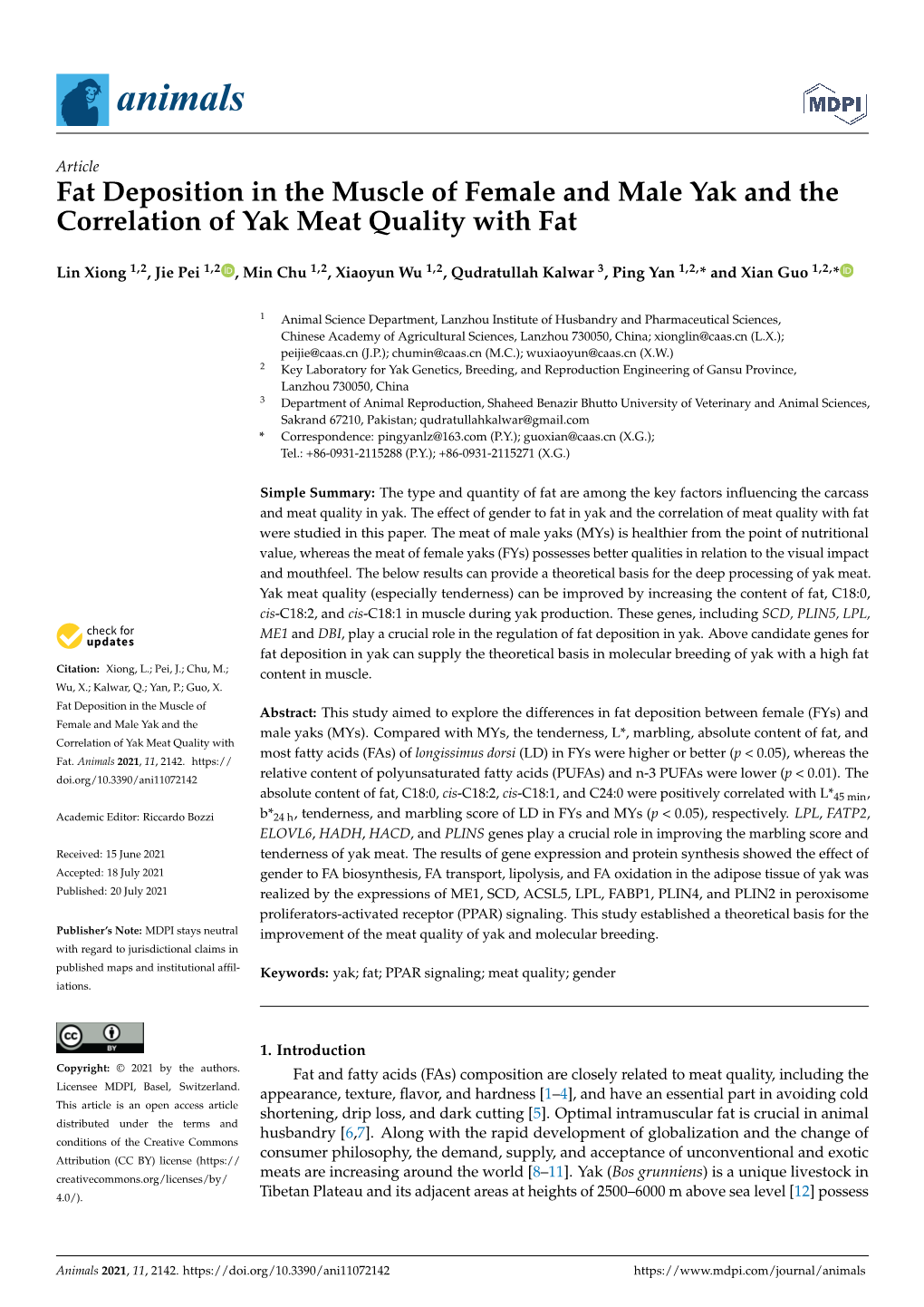 Fat Deposition in the Muscle of Female and Male Yak and the Correlation of Yak Meat Quality with Fat