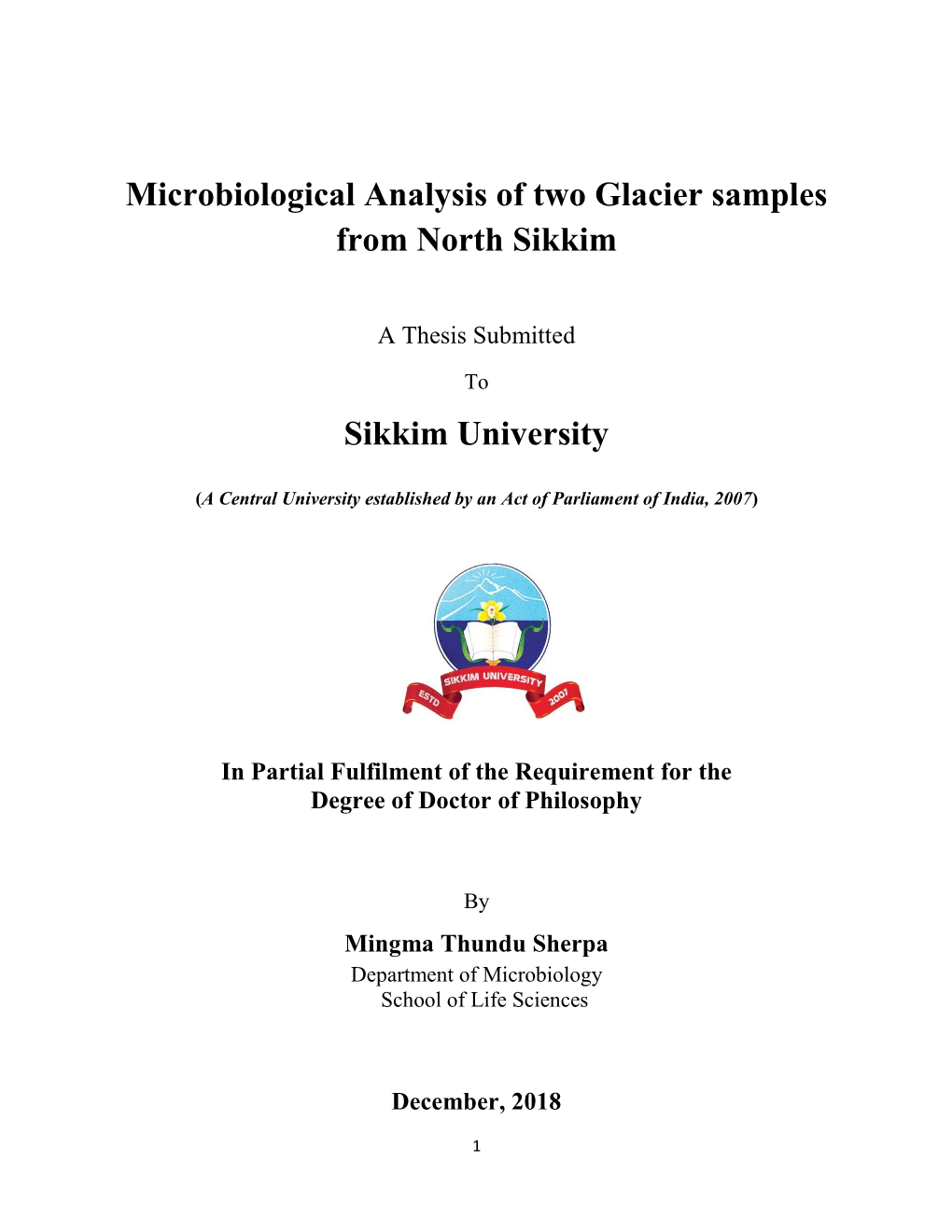 Microbiological Analysis of Two Glacier Samples from North Sikkim Sikkim