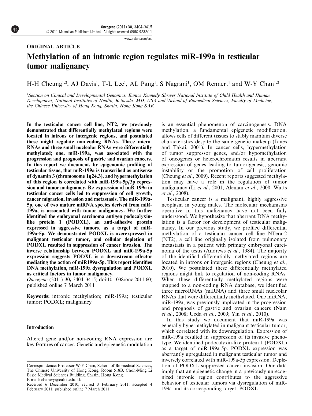 Methylation of an Intronic Region Regulates Mir-199A in Testicular Tumor Malignancy