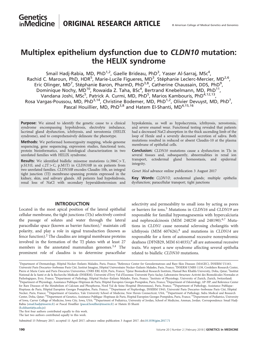 Multiplex Epithelium Dysfunction Due to CLDN10 Mutation: the HELIX Syndrome
