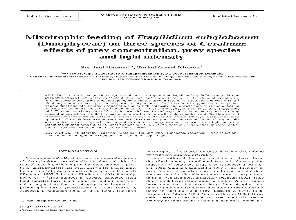 (Dinophyceae) on Three Species of Ceratium: Effects of Prey Concentration, Prey Species and Light Intensity