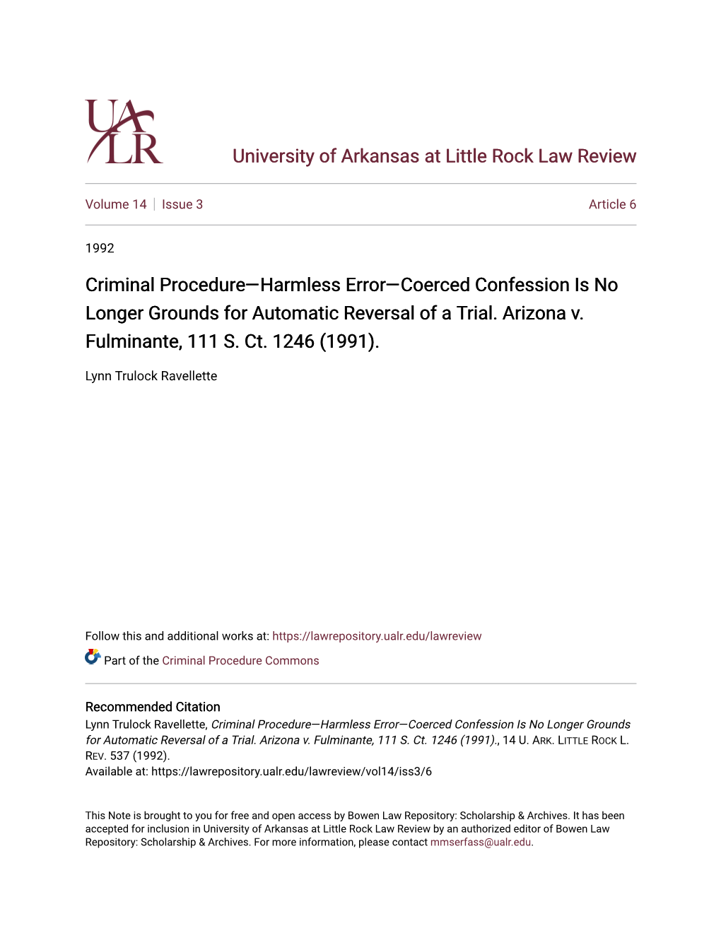 Criminal Procedure—Harmless Error—Coerced Confession Is No Longer Grounds for Automatic Reversal of a Trial