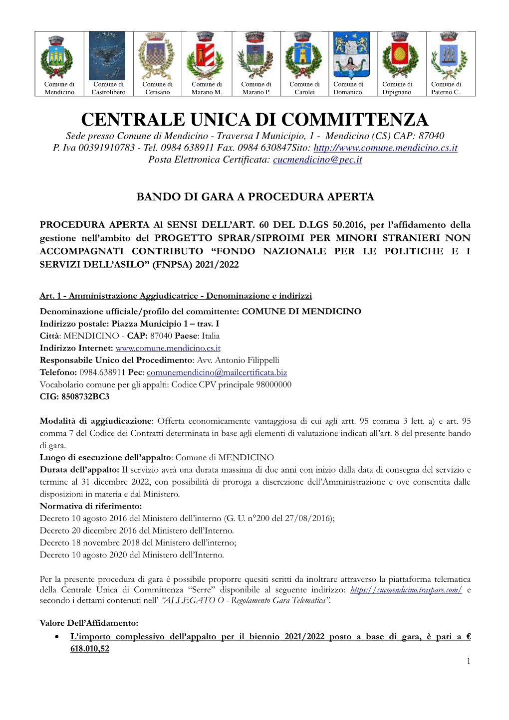 CENTRALE UNICA DI COMMITTENZA Sede Presso Comune Di Mendicino - Traversa I Municipio, 1 - Mendicino (CS) CAP: 87040 P