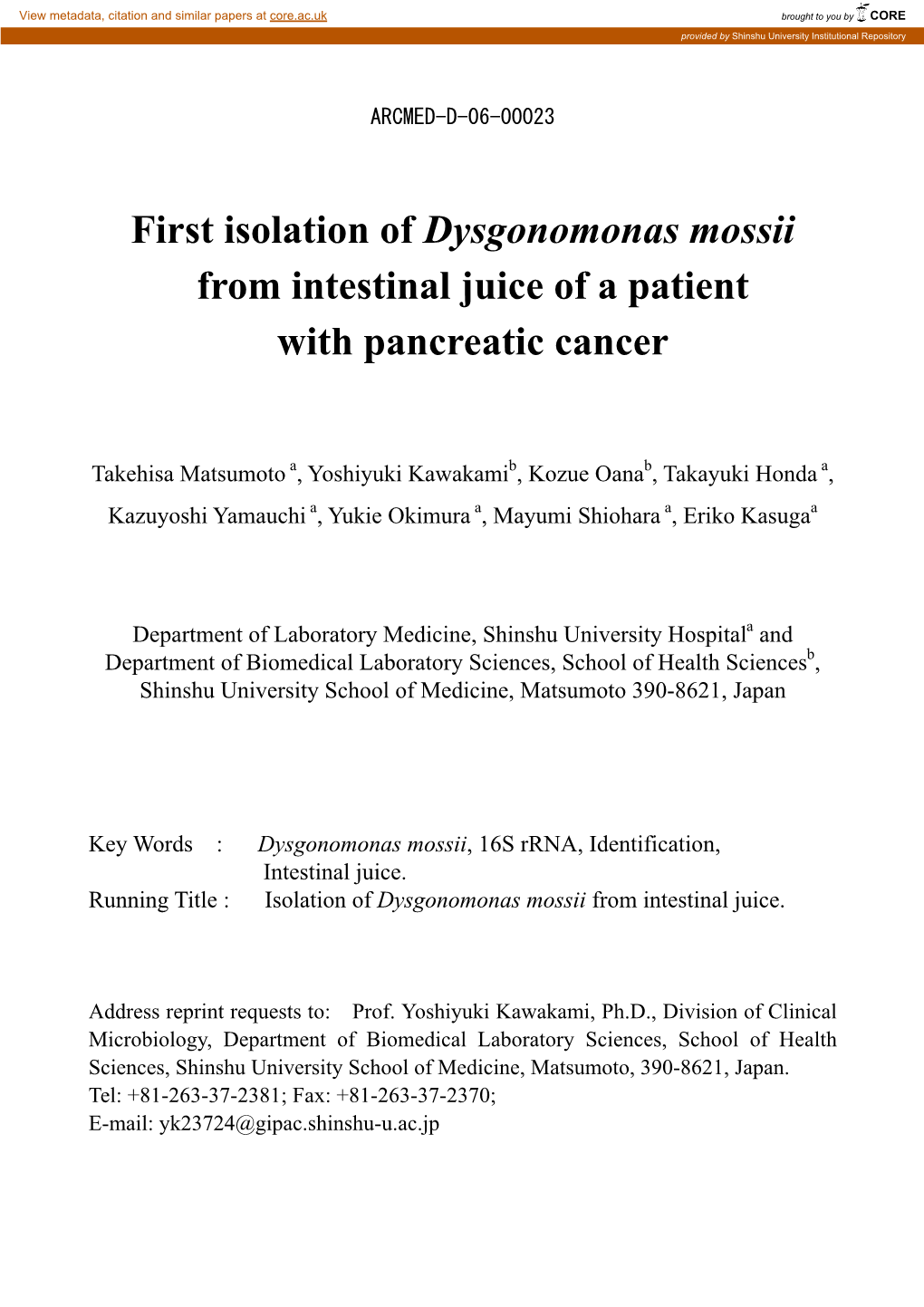 Dysgonomonas Mossii from Intestinal Juice of a Patient with Pancreatic Cancer