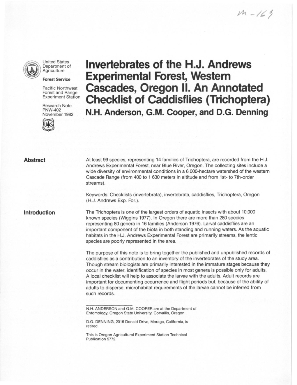 Invertebrates of the H.J. Andrews Experimental Forest, Western