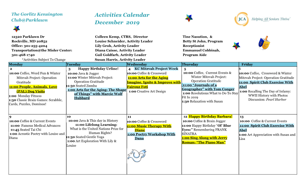 Activities Calendar December 2019