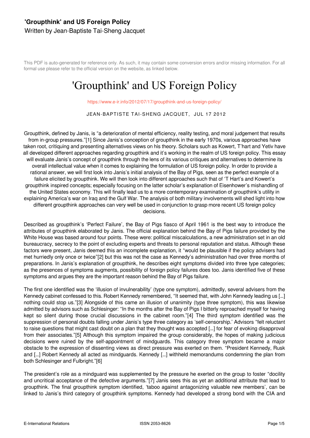 Groupthink' and US Foreign Policy Written by Jean-Baptiste Tai-Sheng Jacquet
