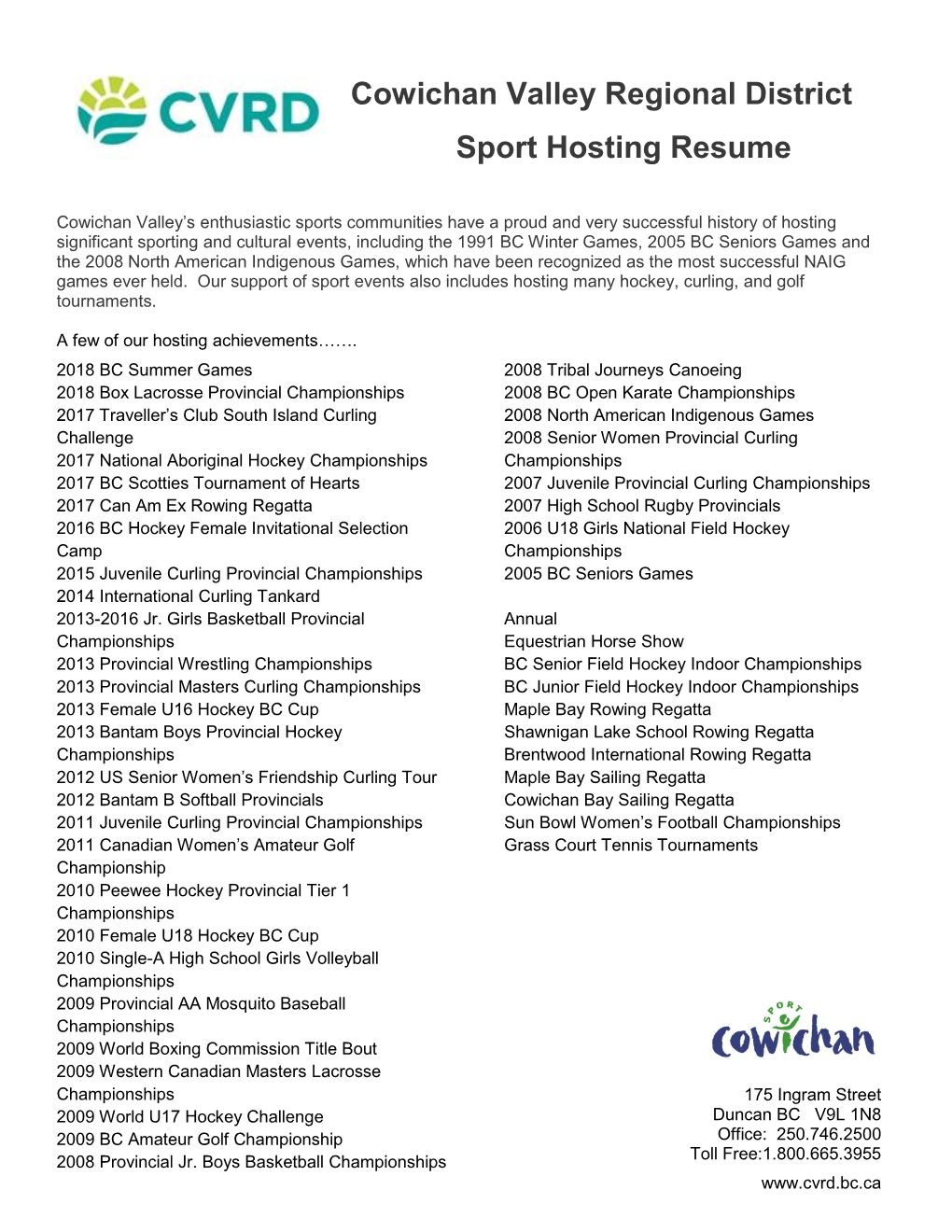 Cowichan Valley Regional District Sport Hosting Resume