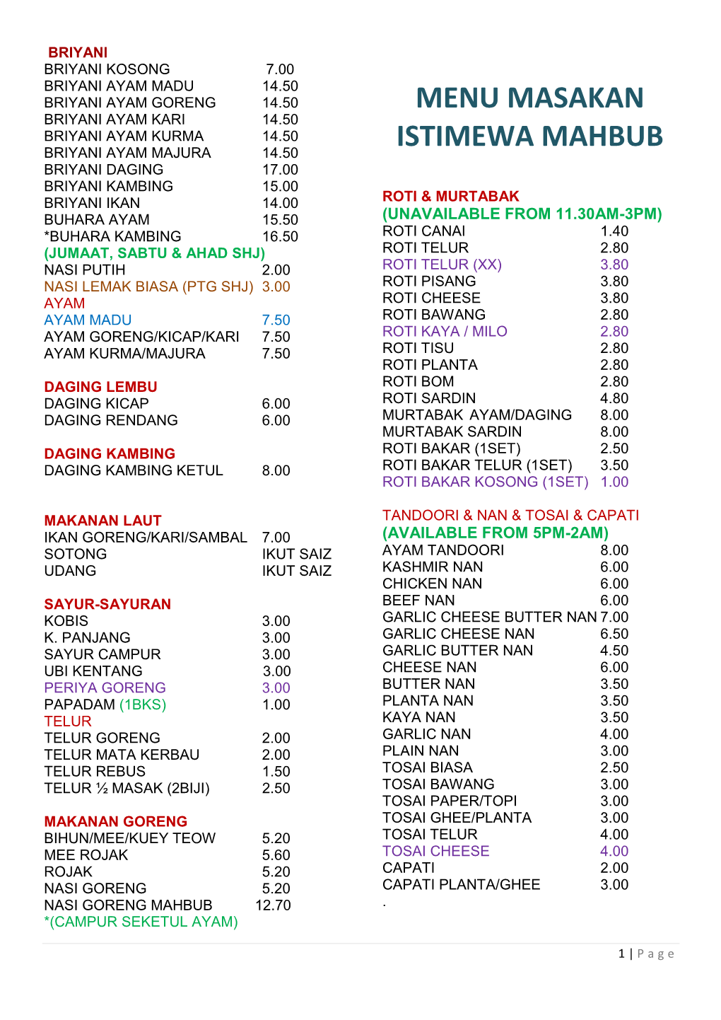 Menu Masakan Istimewa Mahbub