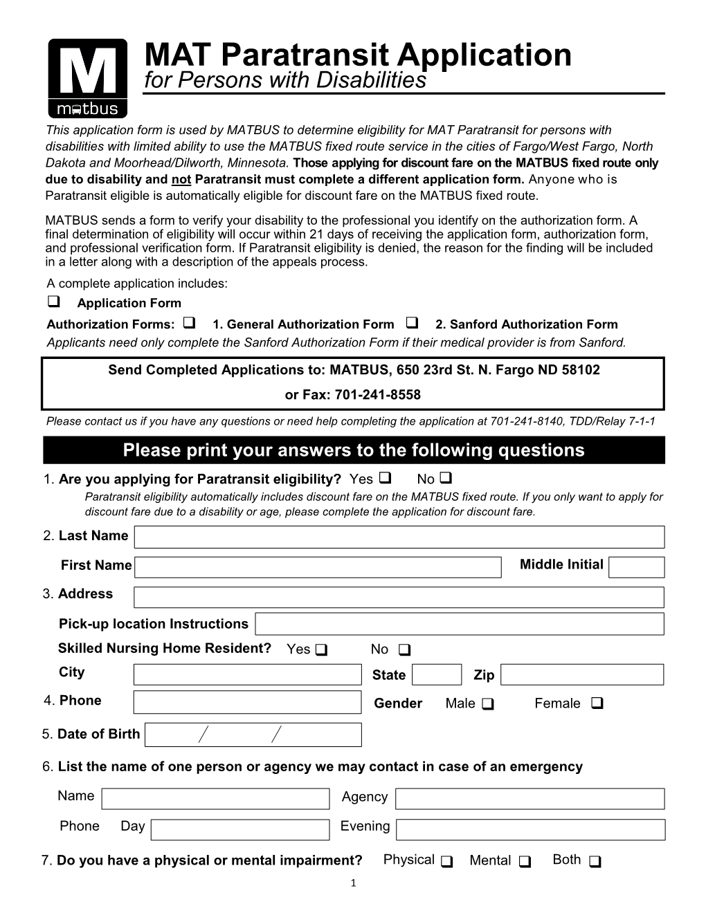 MAT Paratransit Application for Persons with Disabilities