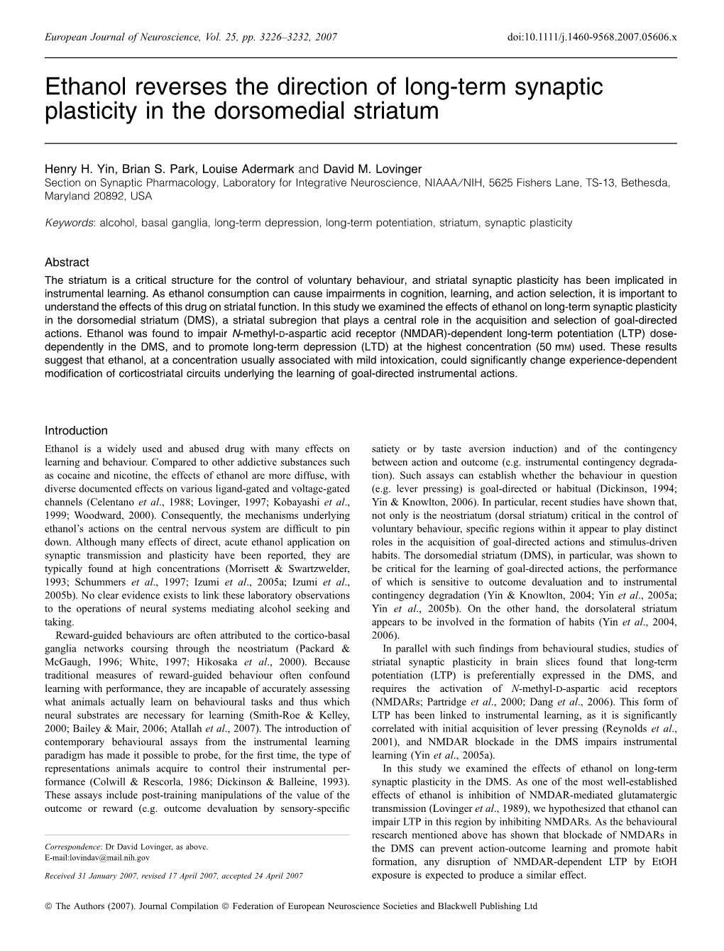 Ethanol Reverses the Direction of Long-Term Synaptic Plasticity in the Dorsomedial Striatum