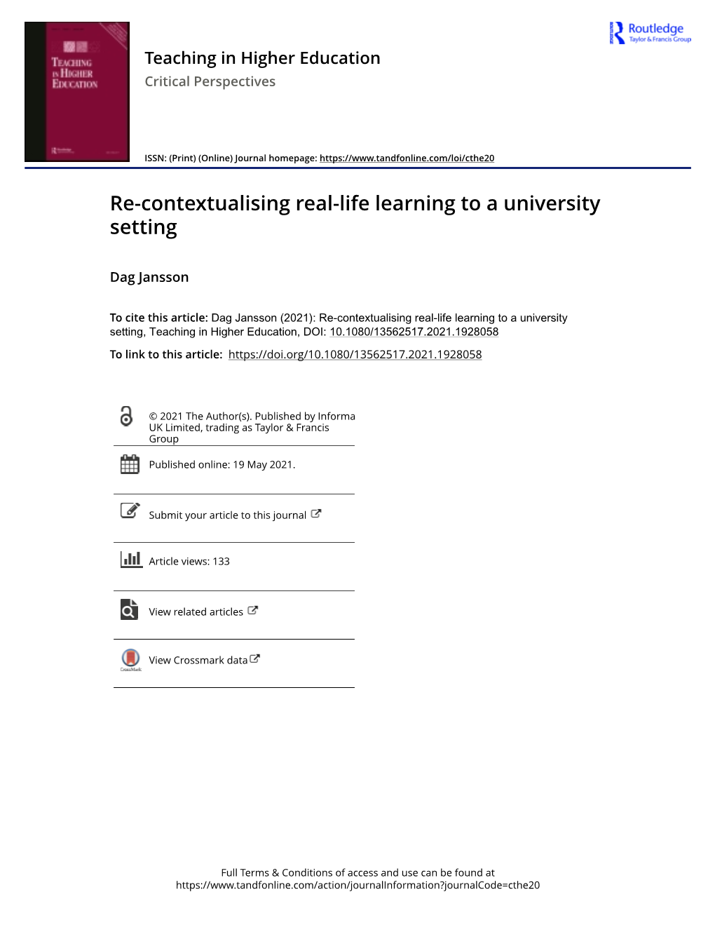 Re-Contextualising Real-Life Learning to a University Setting