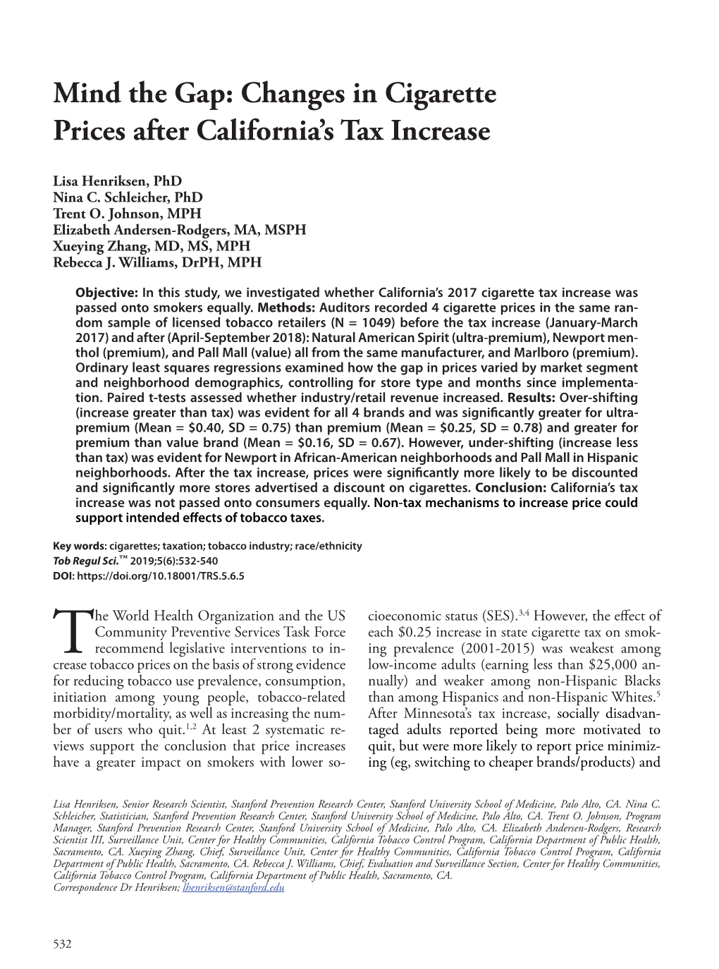 Changes in Cigarette Prices After California's Tax