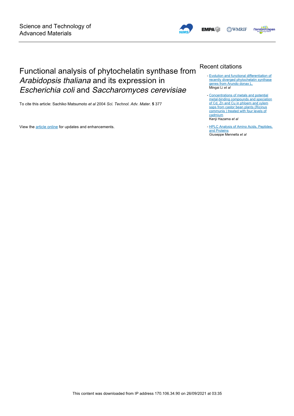 Functional Analysis of Phytochelatin Synthase from Arabidopsis Thaliana and Its Expression in Escherichia Coli and Saccharomyces Cerevisiae