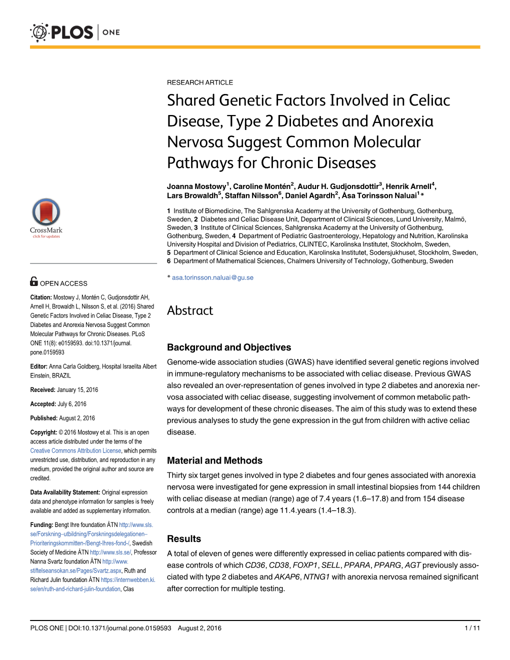 Shared Genetic Factors Involved in Celiac Disease, Type 2 Diabetes and Anorexia Nervosa Suggest Common Molecular Pathways for Chronic Diseases