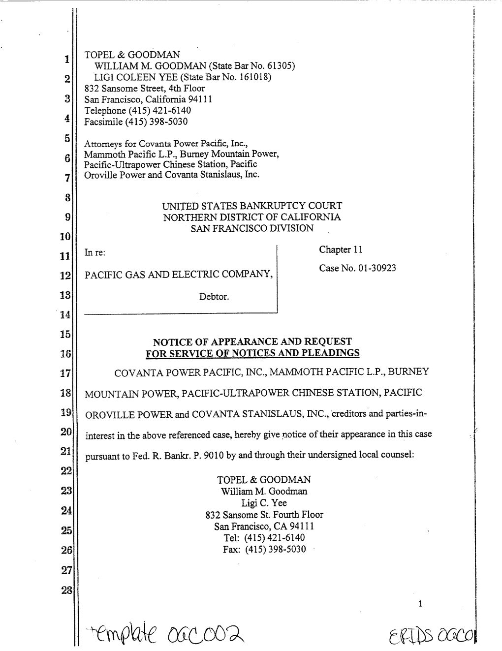 United States Bankruptcy Court Northern District of California San Francisco Division Notice of Appearance and Request for Servi