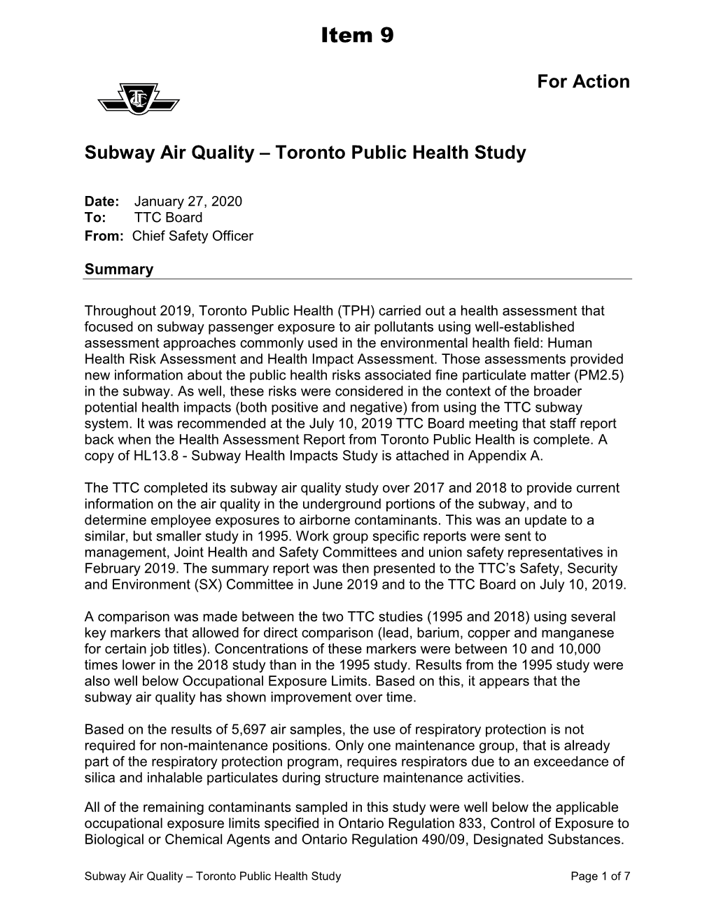Subway Air Quality – Toronto Public Health Study