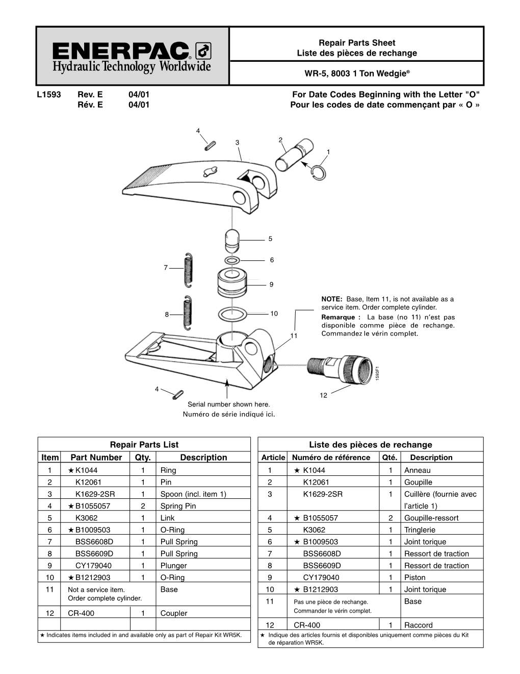 Repair Parts Sheet Liste Des Pièces De Rechange WR-5, 8003