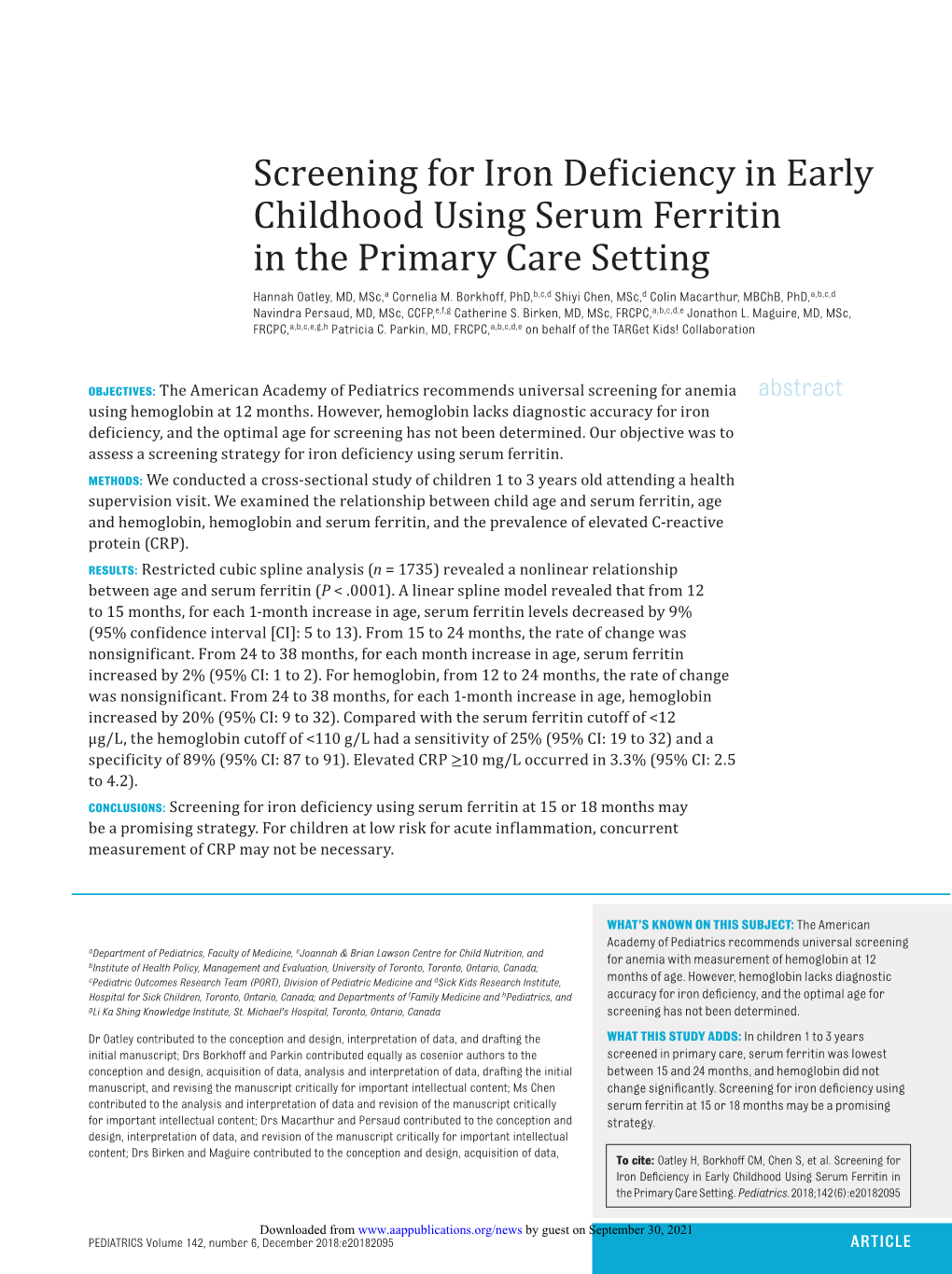 Screening for Iron Deficiency in Early Childhood Using Serum Ferritin in the Primary Care Setting