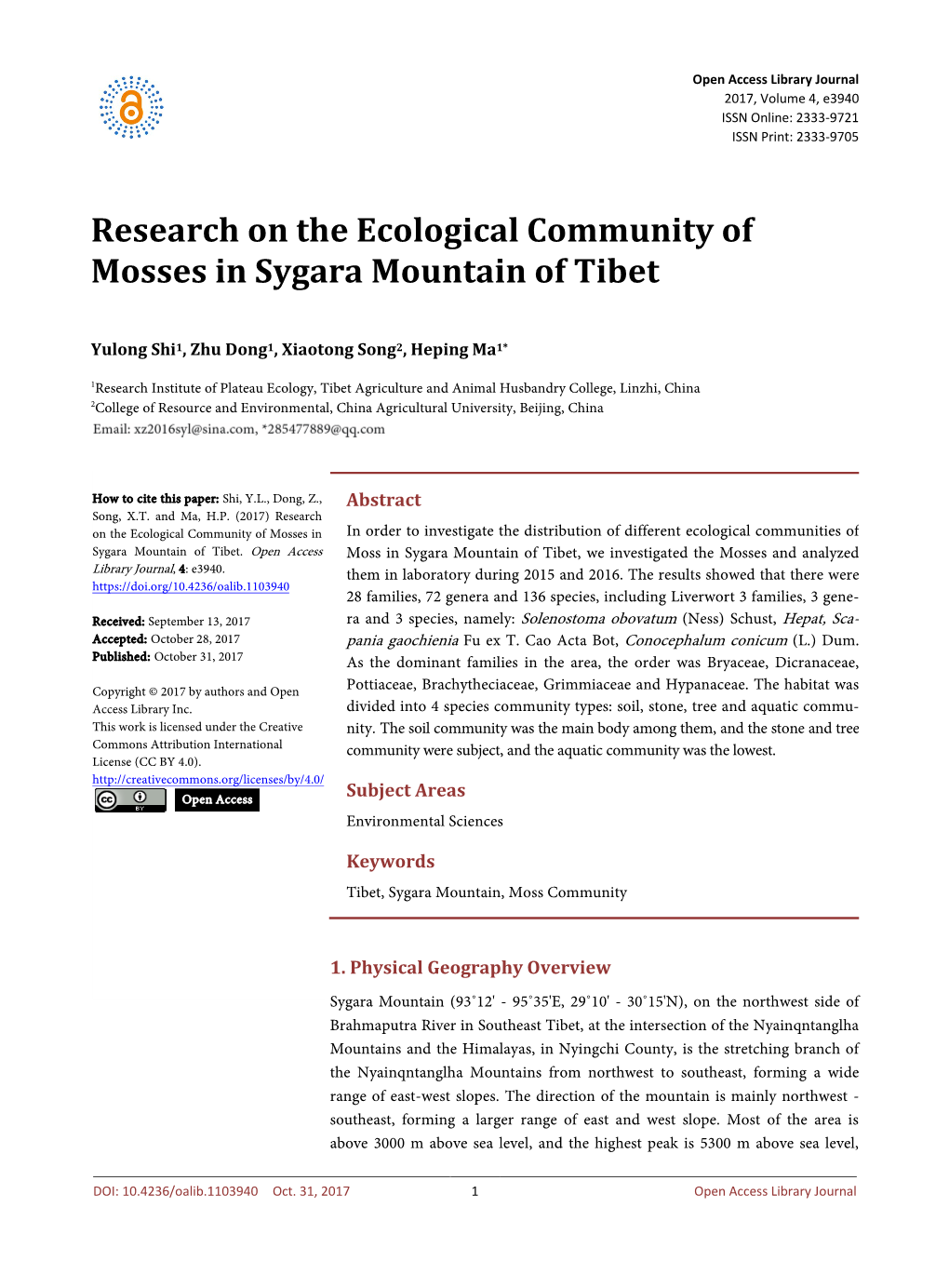 Research on the Ecological Community of Mosses in Sygara Mountain of Tibet